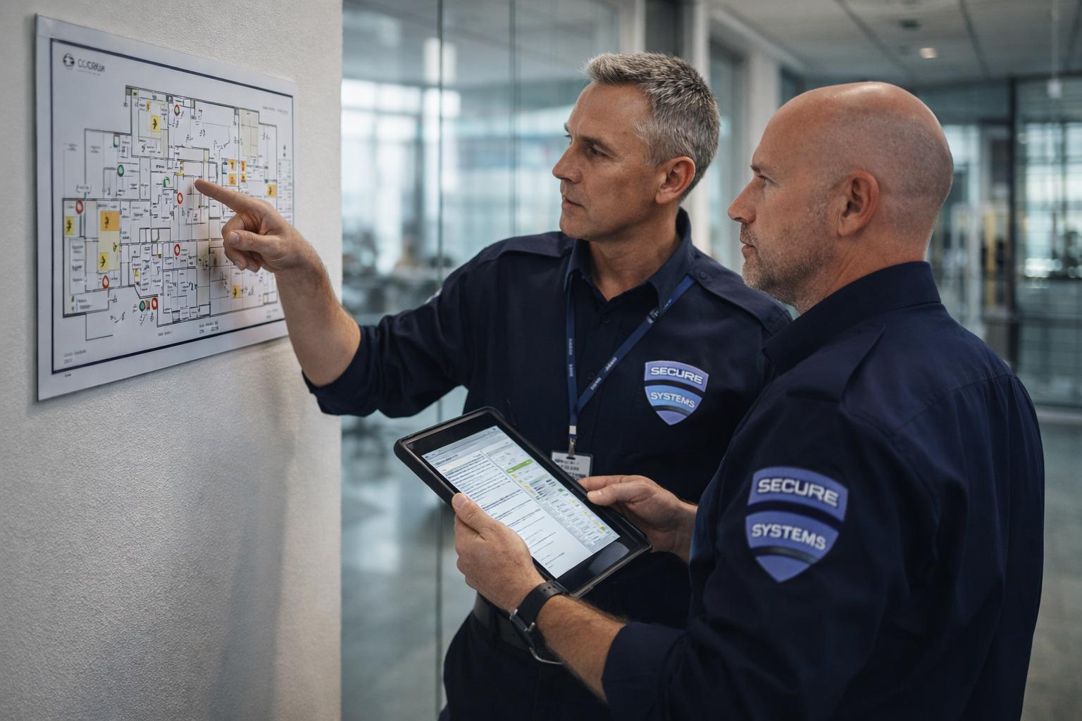 Security professionals reviewing a project floor plan together